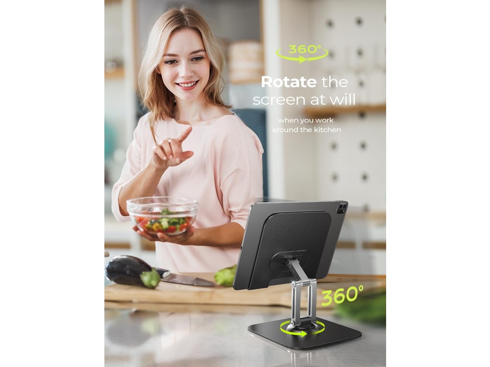 Lisen Tablet Holder, 360° Rotating Base / Stand for Mobile Phone / Tablet 4.7"-12.9" with Adjustable Arm, Black