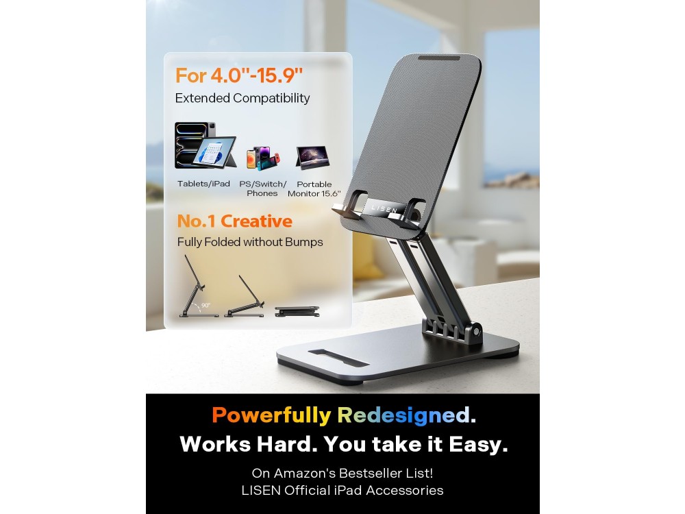 Lisen Tablet Holder, Telescopic Base / Stand for Mobile Phone / Tablet 4"-15.9", Black