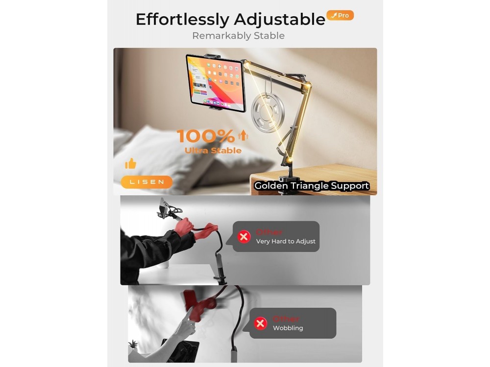 Lisen Ultra Sturdy 360° Adjustable Stand, With Arm, for Mobile/Tablet 4"-13" Inches, 67cm Height, Black