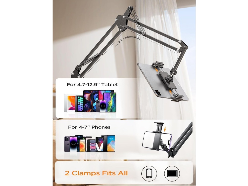 Lisen Ultra Sturdy 360° Adjustable Stand, With Arm, for Mobile/Tablet 4"-13" Inches, 67cm Height, Black