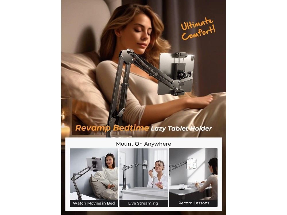 Lisen Ultra Sturdy 360° Adjustable Stand, With Arm, for Mobile/Tablet 4"-13" Inches, 67cm Height, Black