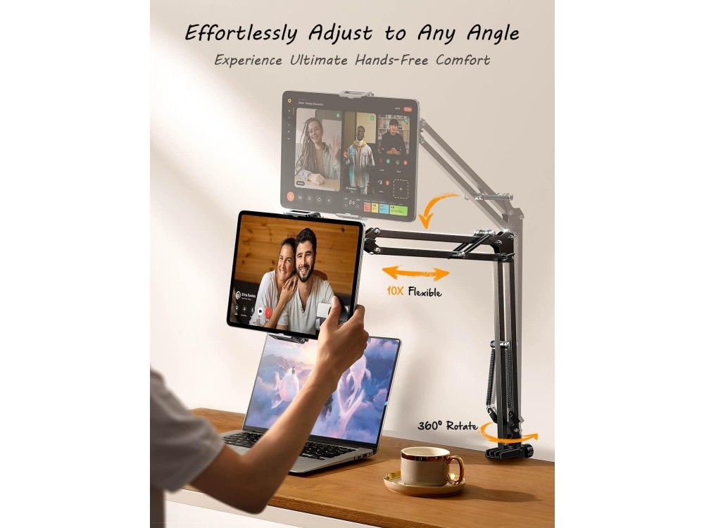 Lisen Ultra Sturdy 360° Adjustable Stand, With Arm, for Mobile/Tablet 4"-13" Inches, 67cm Height, Black