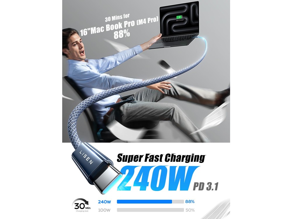 Lisen Σετ 2 Καλώδια USB-C σε USB-C, 240W, PD 3.0, 2*2μ με Νάυλον Ύφανση, Midnight Black