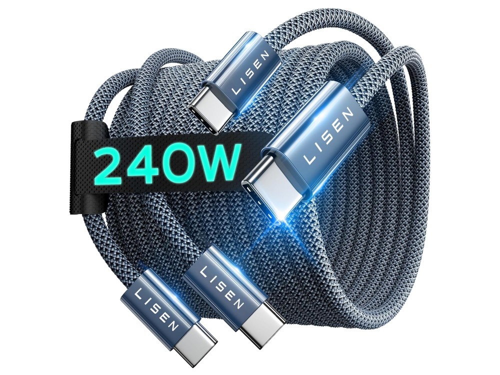 Lisen Σετ 2 Καλώδια USB-C σε USB-C, 240W, PD 3.0, 2*2μ με Νάυλον Ύφανση, Midnight Black