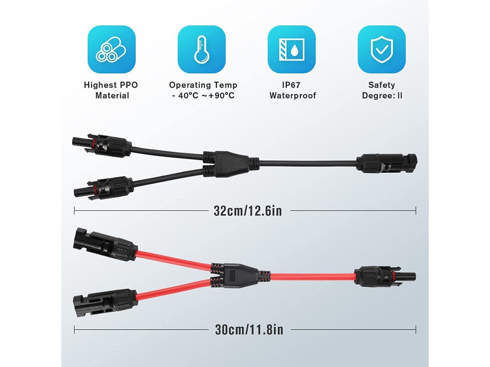 MC4 Solar Splitter Cable Y, Cable Splitter for Solar Panels, 2 Pieces Set * 30cm (Red & Black)