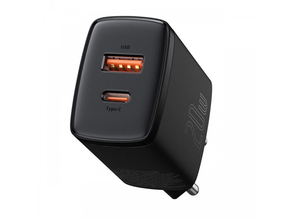 Baseus Compact 2-Port Socket Charger 20W with Power Delivery and Quick Charge 3.0, Black - CCXJ-B01