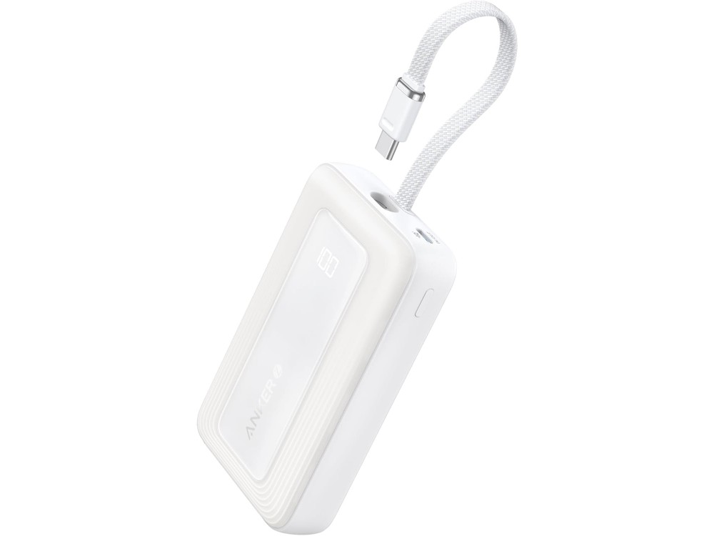 Anker Zolo Power Bank 10,000mAh, 30W, with USB-A, USB-C Ports & Built-in USB-C Cable, White