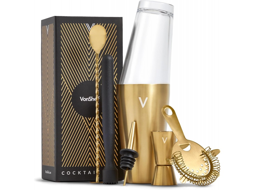 VonShef Gold Cocktail Set 6pcs., Stainless Steel Cocktail Set with 550ml Shaker, Gold