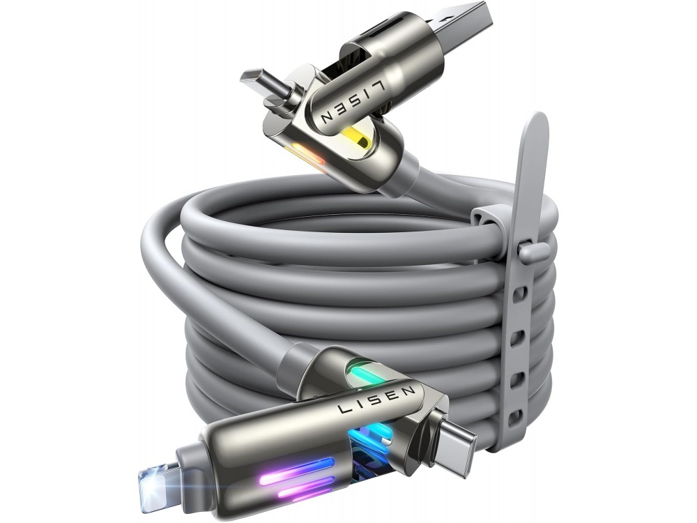 Lisen 4-in-1 Lightning / Type-C / USB-A Καλώδιο 2μ. 240W με RGB, Grey