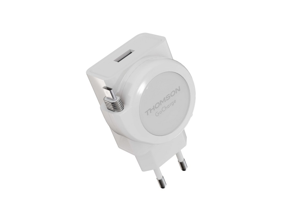 Thomson GoCharge PD 22.5W με Ενσωματωμένο Καλώδιο 90cm & USB-A Θύρα 18W QC3.0, White