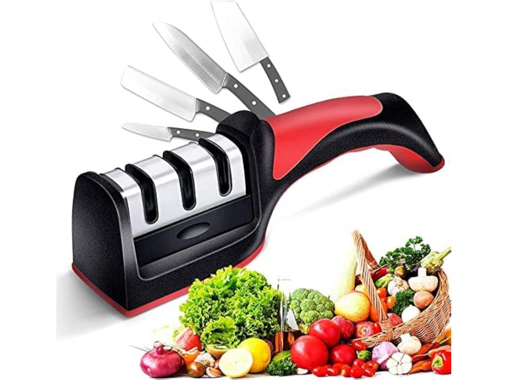 AJ 3-in-1 Kitchen Knife Sharpener, Ακονιστήρι Mαχαιριών Χειρός με 3 Επίπεδα Ακονίσματος, Black/Red