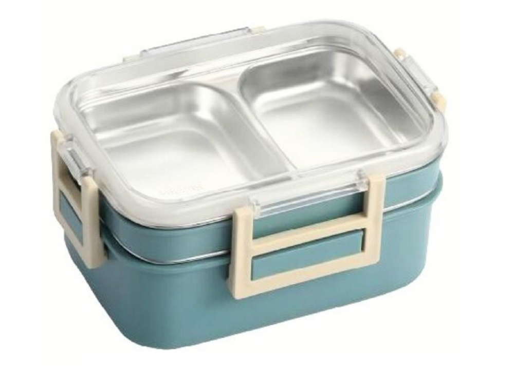 AJ O-Bento, Outdoor & Work Lunch Box, Stainless Steel 2-Tier Insulated Compartment, 1200ml, Petrol Blue
