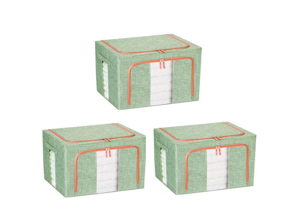 AJ Clothes Storage Organizer Bags 101L, Κουτιά Αποθήκευσης Ρούχων με 2 Ανοίγματα/Παράθυρο, Σετ 3τμχ, 62x43x38cm, Light Green
