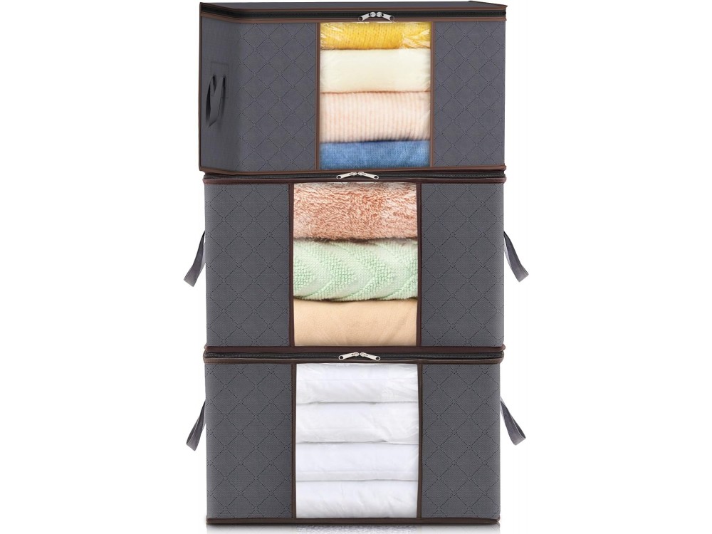 AJ Clothes Storage Organizer Bags 75L, Κουτιά Αποθήκευσης Ρούχων με 2 Ανοίγματα & Παράθυρο, Σετ των 3τμχ, 58x39x33cm, Dark Grey