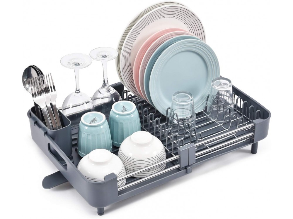 AJ Extendable Dish Rack, Στεγνωτήρας Νεροχύτη Επεκτεινόμενος με Θήκη για Μαχαιροπίρουνα 32-49 x 34 x 11cm, Dark Grey