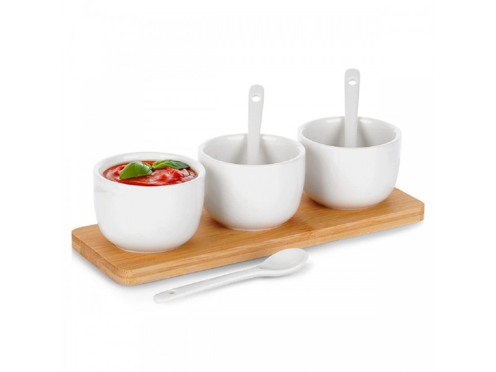 Vilde Snack Bowls with Spoons Ceramic, Set of 3 with Spoons & Bamboo Base, White