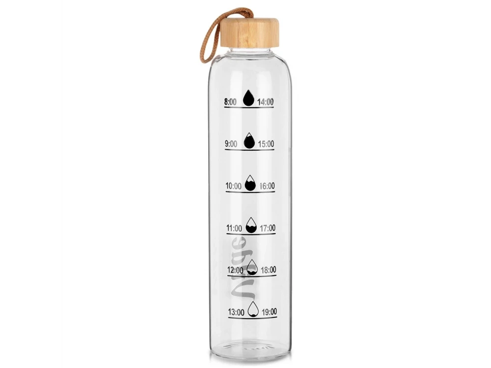 Vilde Water Bottle Glass 1L, Glass Bottle with Time Indicator with Bamboo Lid & Airtight Closure