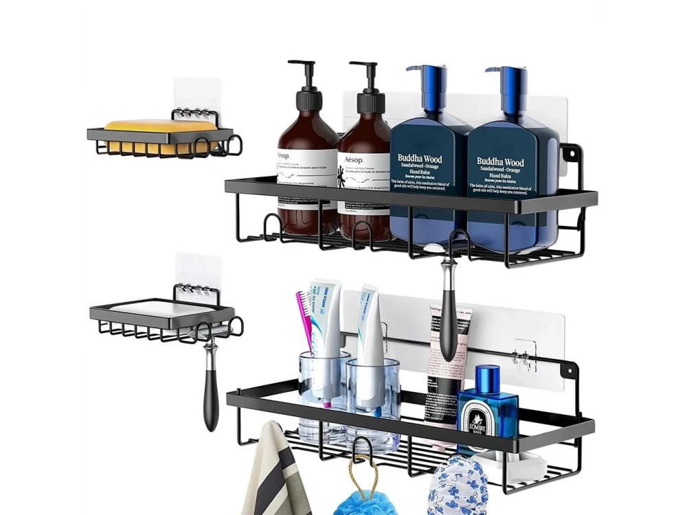 Vilde 4-Pack Shower Caddy, Wall-Mounted Bathroom Organizer, Set of 4, Black