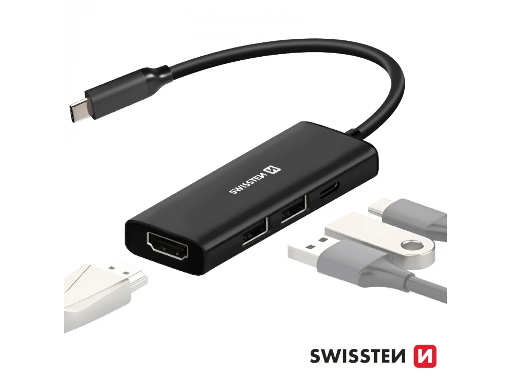 Swissten 4-in-1 USB C Data Hub - HDMI/4K*1 + USB3.0 + USB2.0 + USB-C 100W PD Charging