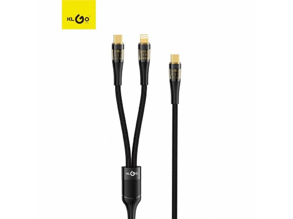 KLGO S-689 Cable 1.2m, Dual Type-C to Type-C (100W) & Lightning (30W), Black