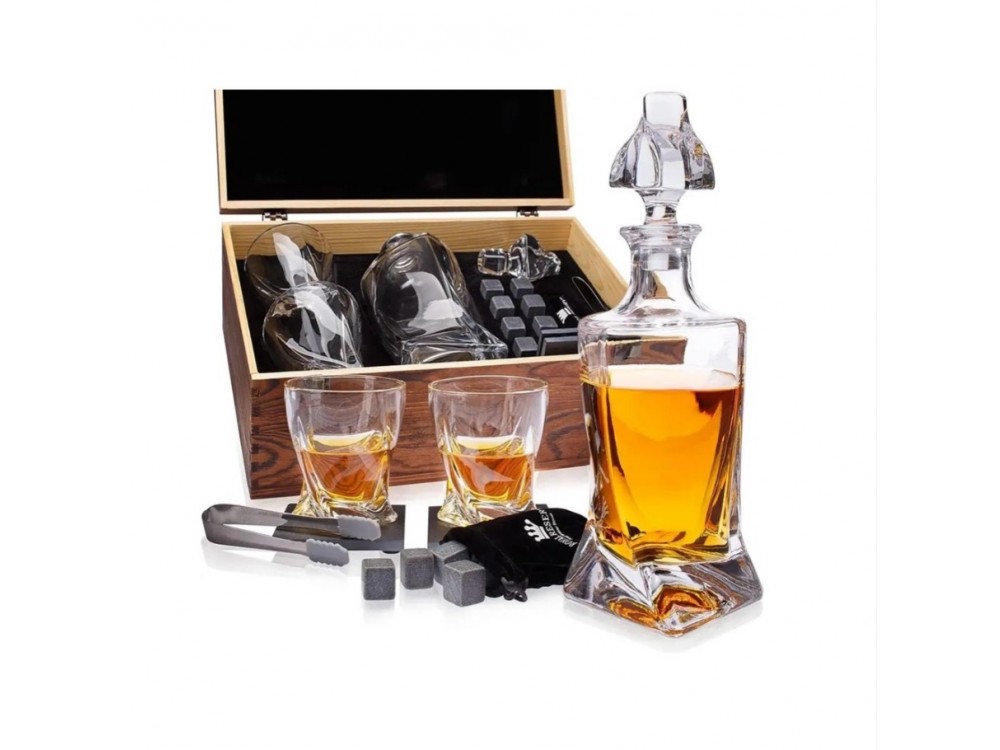Forneed Whisky Glasses & Stones Gift Set - Σετ Δώρου Ουίσκι, με 2 Ποτήρια, Τσιμπίδα, Μποτίλια, Πέτρες, Σουβέρ και Ξύλινη Θήκη