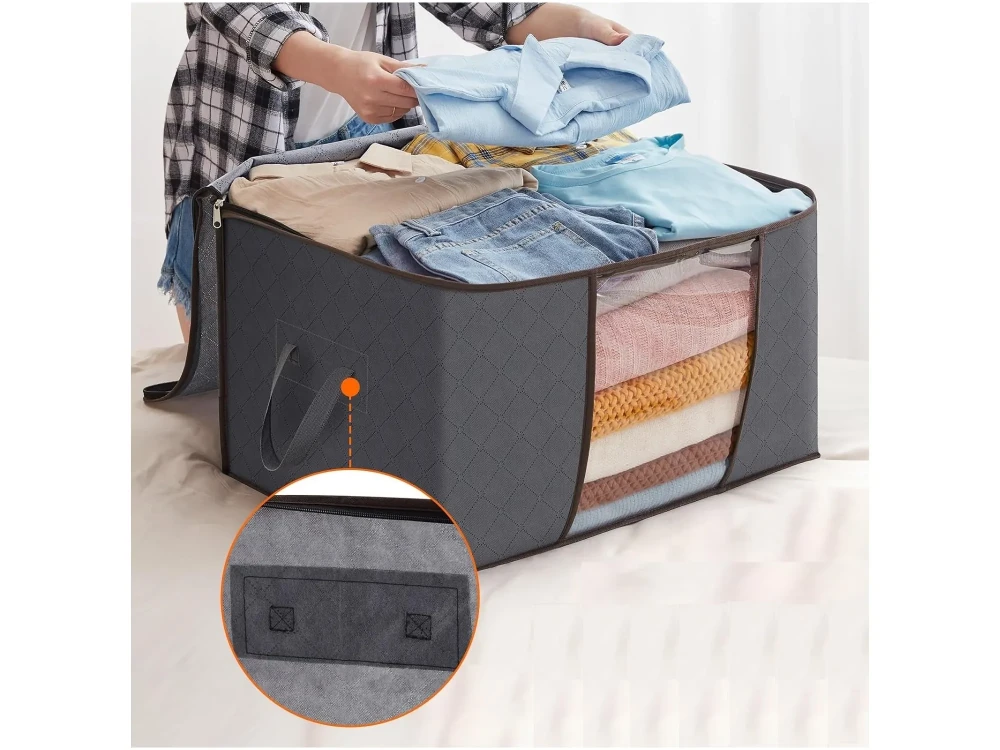 AJ Clothes Storage Organizer Bag 75L, Κουτί Αποθήκευσης Ρούχων με 2 Ανοίγματα & Παράθυρο, 58x39x33cm, Dark Grey