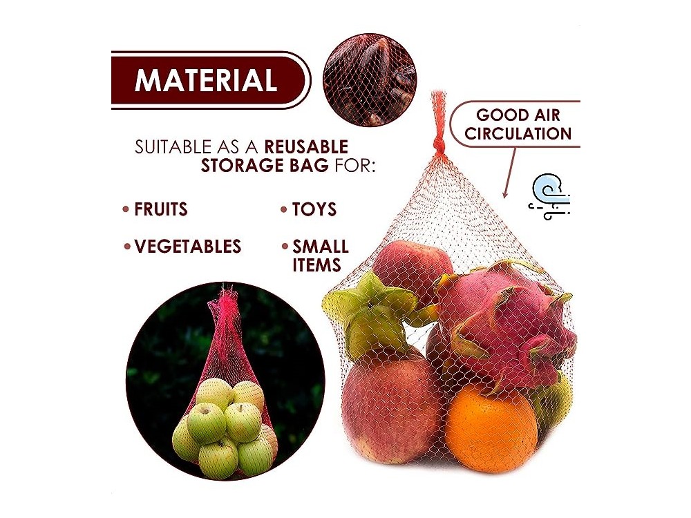 AJ Reusable Net Bag, Fruit and Vegetable Mesh, 60cm, Set of 100pcs, Red