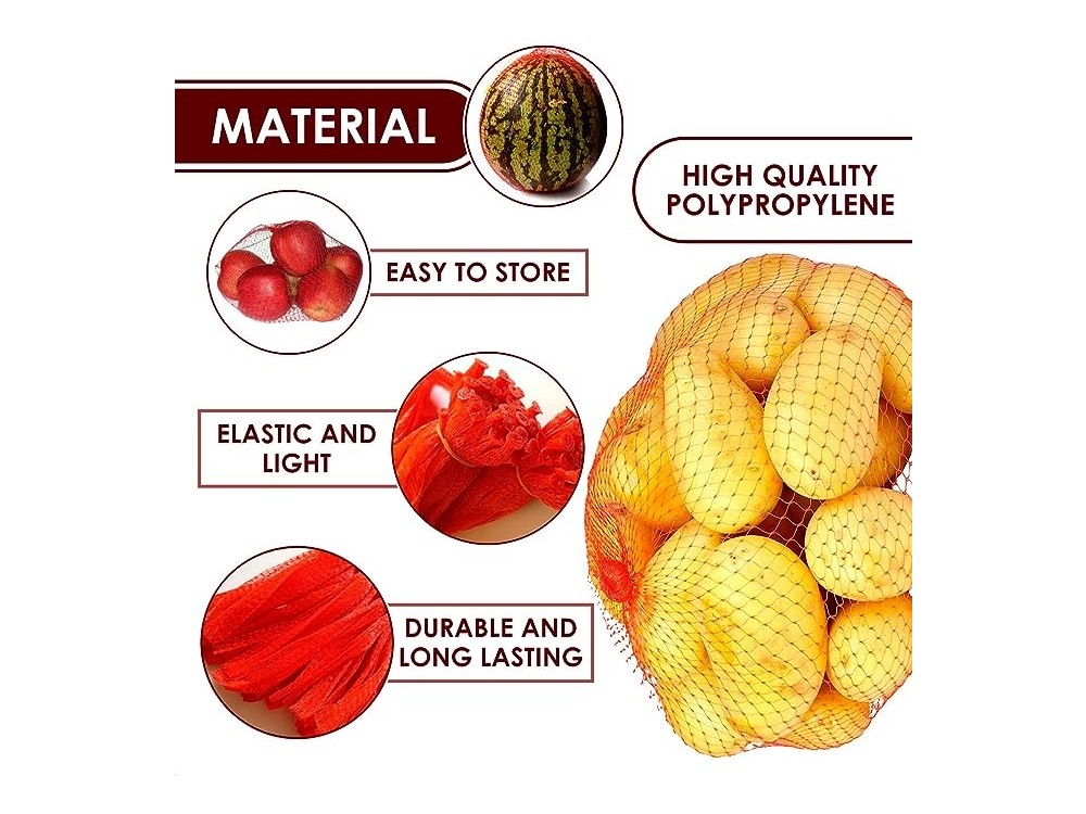 AJ 100-Pack Reusable Net Bag, Σακούλα / Δίχτυ για Φρούτα / Λαχανικά κ.α. Τρόφιμα, 60cm Σετ των 100τμχ, Κόκκινη