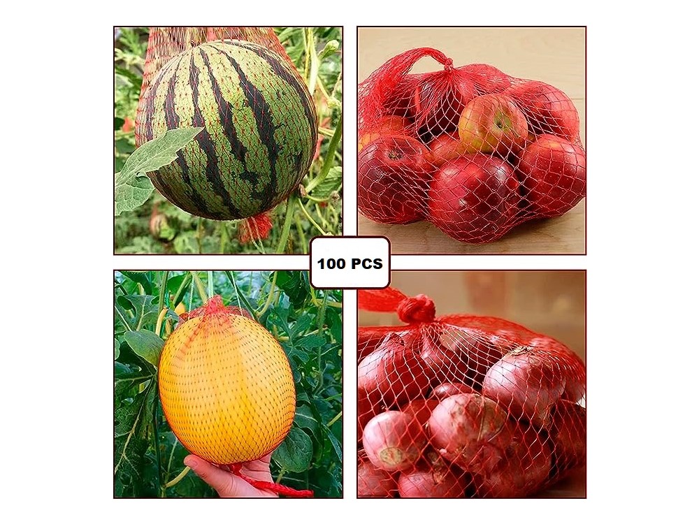AJ 100-Pack Reusable Net Bag, Σακούλα / Δίχτυ για Φρούτα / Λαχανικά κ.α. Τρόφιμα, 60cm Σετ των 100τμχ, Κόκκινη