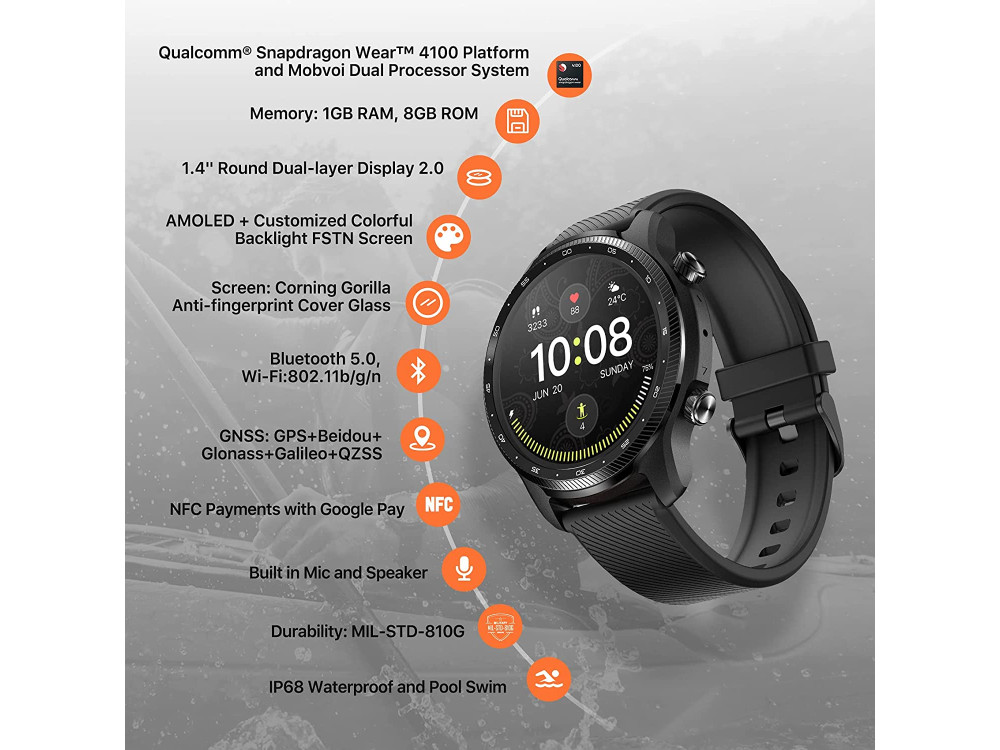 Mobvoi TicWatch Pro 3 Ultra GPS Smartwatch 1.4" AMOLED Screen, Wear OS, GPS, IP68 Waterproof, Shadow Black