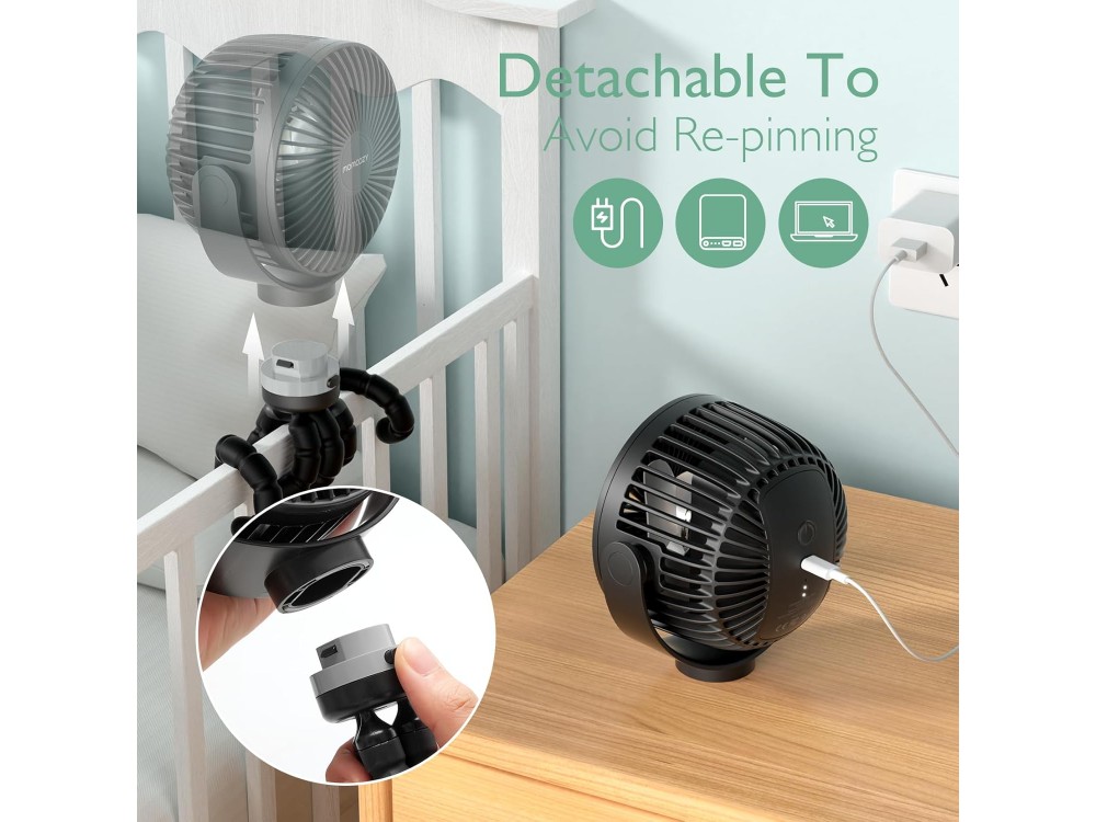 Momcozy Portable Stroller Fan, Portable Stroller Fan with 4 Speeds, LED, Flexible Handle & 27 Hours Battery Life, Black
