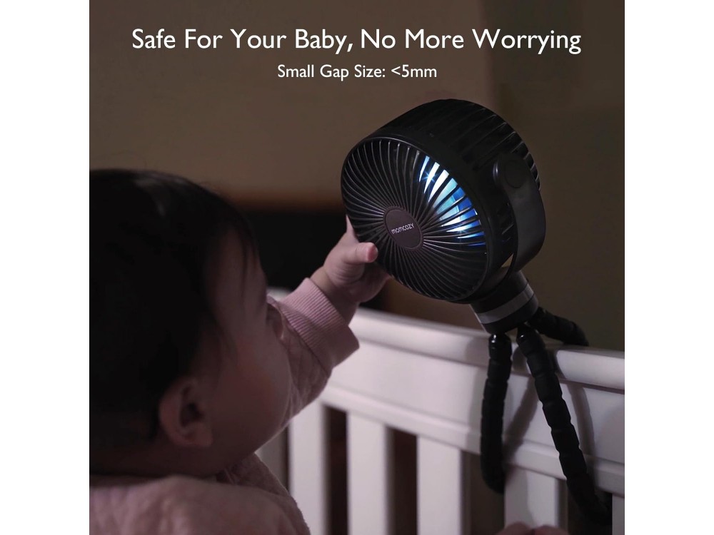 Momcozy Portable Stroller Fan, Portable Stroller Fan with 4 Speeds, LED, Flexible Handle & 27 Hours Battery Life, Black