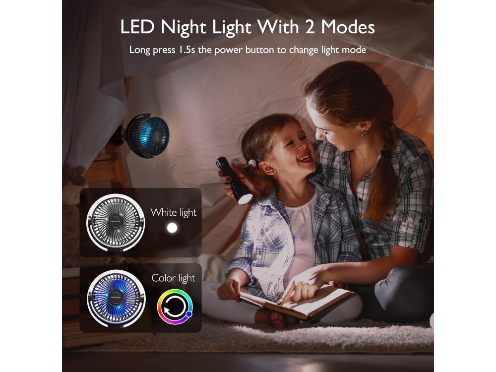 Momcozy Portable Stroller Fan, Portable Stroller Fan with 4 Speeds, LED, Flexible Handle & 27 Hours Battery Life, Black