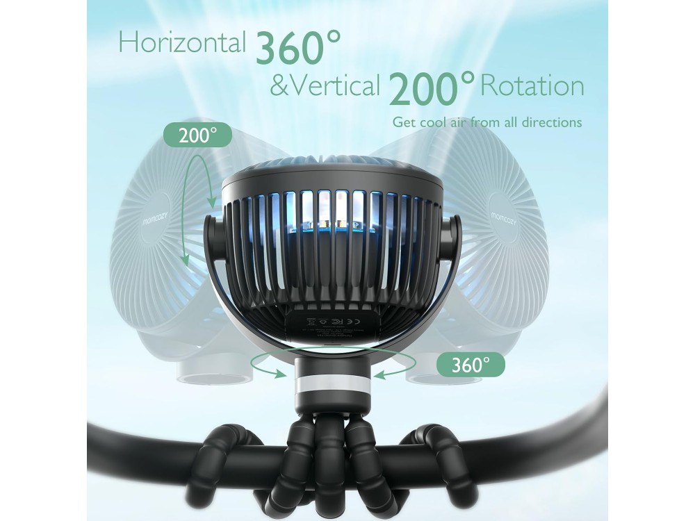 Momcozy Portable Stroller Fan, Portable Stroller Fan with 4 Speeds, LED, Flexible Handle & 27 Hours Battery Life, Black