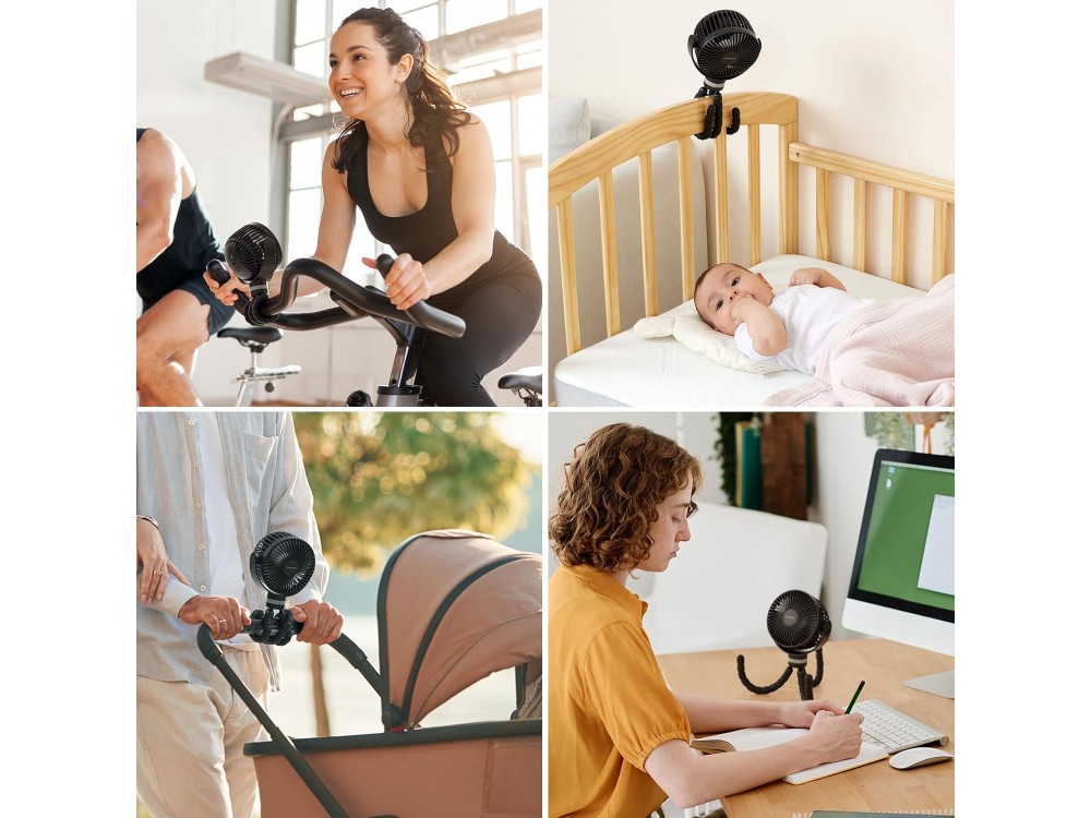 Momcozy Portable Stroller Fan, Portable Stroller Fan with 4 Speeds, LED, Flexible Handle & 27 Hours Battery Life, Black