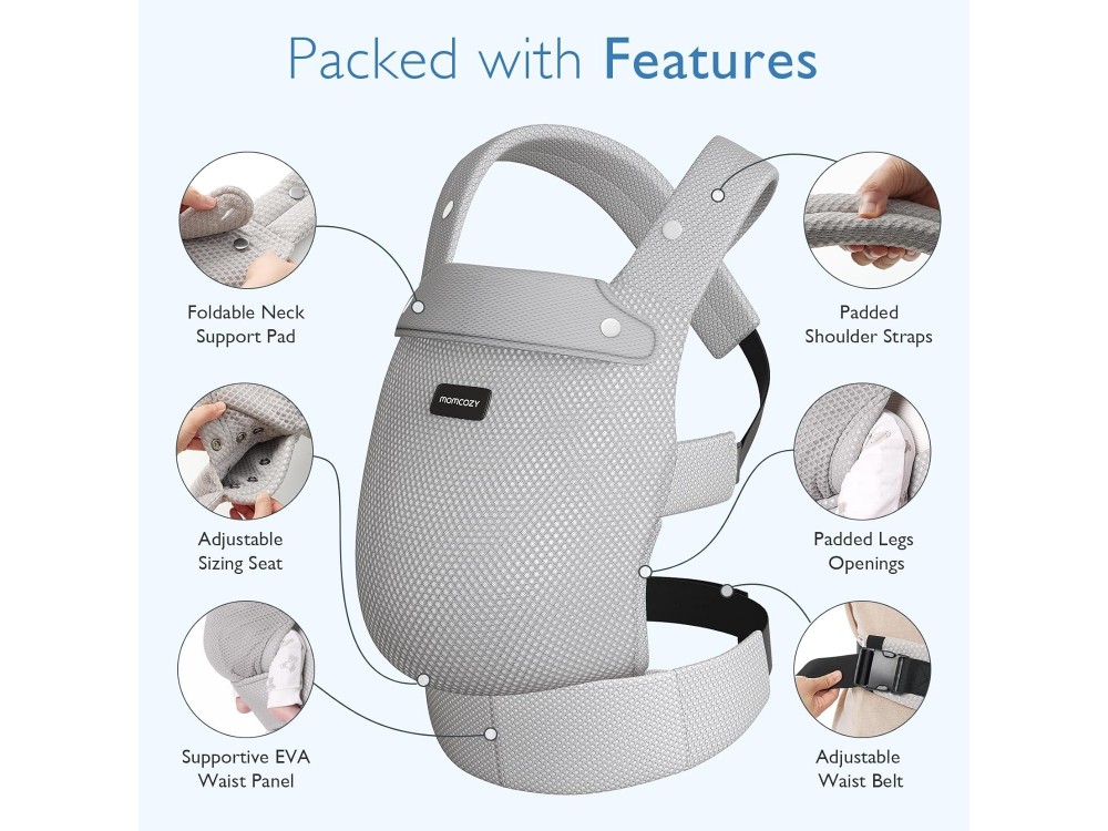 Momcozy PureHug Ergonomic Baby Carrier from Newborn 3kg to Toddler 20kg with Perforated Fabric, Air Mesh Grey