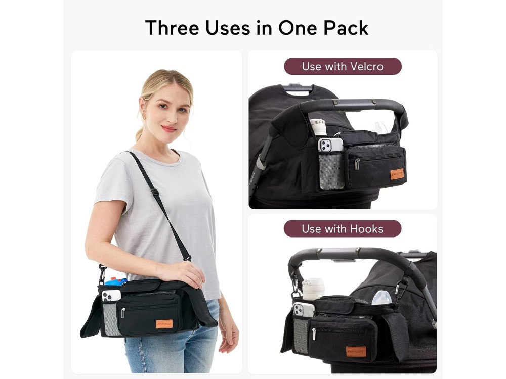 Momcozy Stroller Organizer, Οργανωτής Καροτσιού με Θερμομονωτικές Θήκες για Ποτήρια, Αποσπώμενη Τσάντα Κινητού & Ιμάντα Ώμου