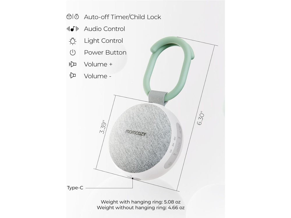 Momcozy Portable Baby White Noise Machine & Night Light with Adjustable Brightness & Timer, Light Grey