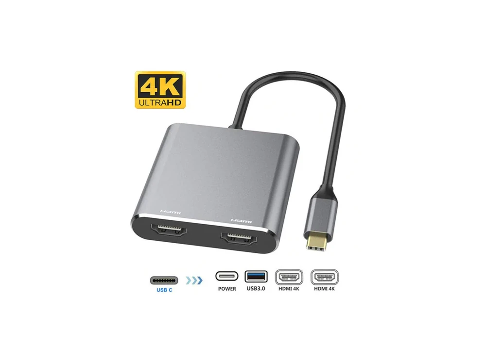 Nordic 4-in-1 Type-C Hub HDMI/4K*2 + USB-A3.1 5Gbps*1 + 60W PD Charging USB-C