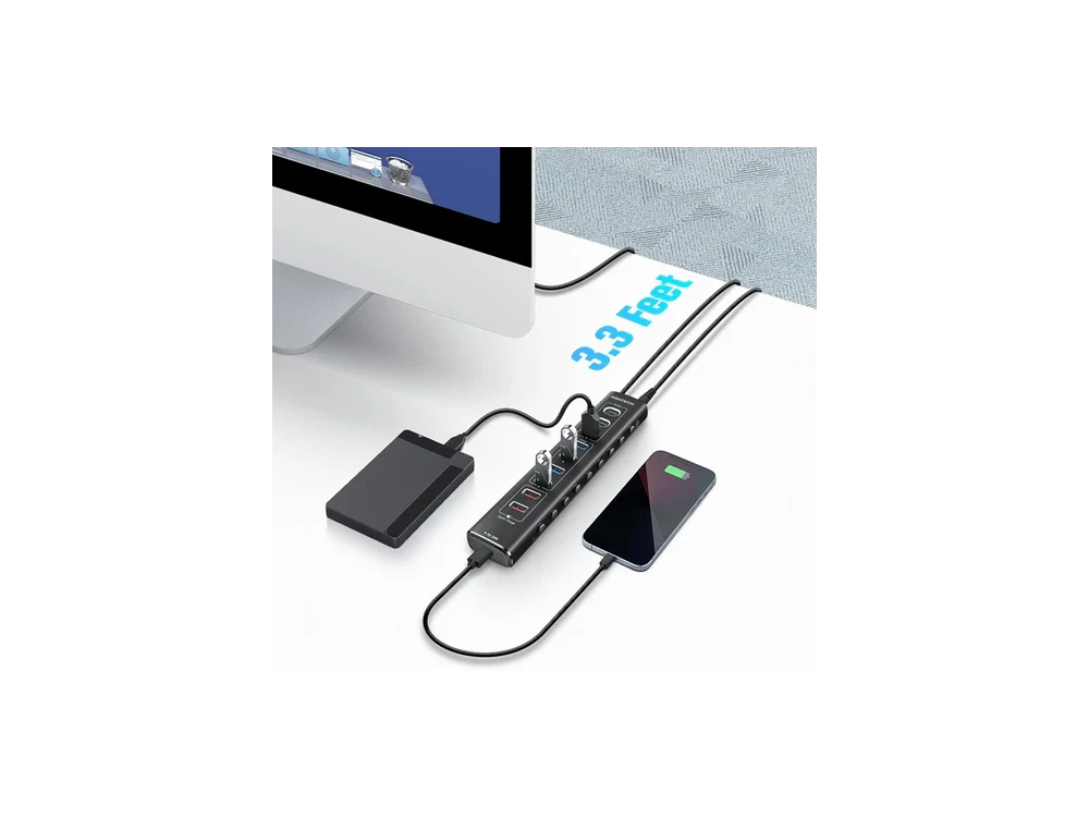 Nordic 10-Port Data Hub & Charger with USB-C3.2 *2 + USBA3.2 + USB-A3.0*4 + USB-A*2 +USB-C PD, with Individual Switch & Power Adapter
