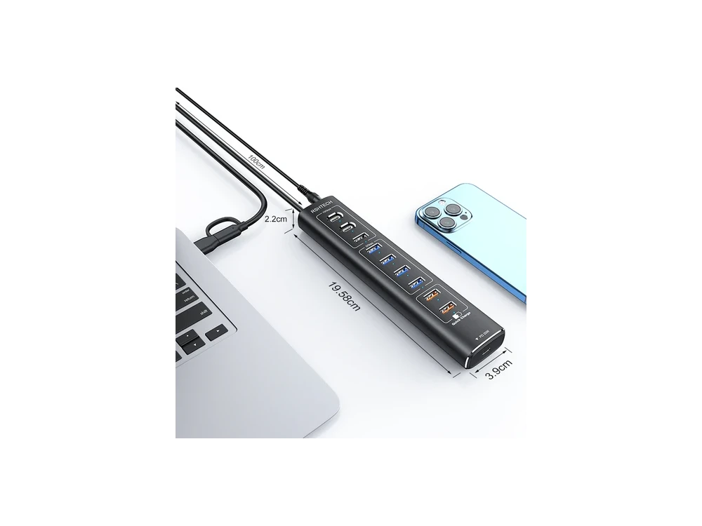 Nordic 10-Port Data Hub & Charger with USB-C3.2 *2 + USBA3.2 + USB-A3.0*4 + USB-A*2 +USB-C PD, with Individual Switch & Power Adapter