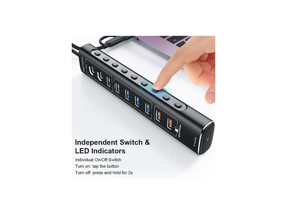 Nordic 10-Port Data Hub & Charger with USB-C3.2 *2 + USBA3.2 + USB-A3.0*4 + USB-A*2 +USB-C PD, with Individual Switch & Power Adapter