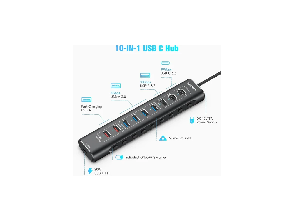 Nordic 10-Port Data Hub & Charger with USB-C3.2 *2 + USBA3.2 + USB-A3.0*4 + USB-A*2 +USB-C PD, with Individual Switch & Power Adapter