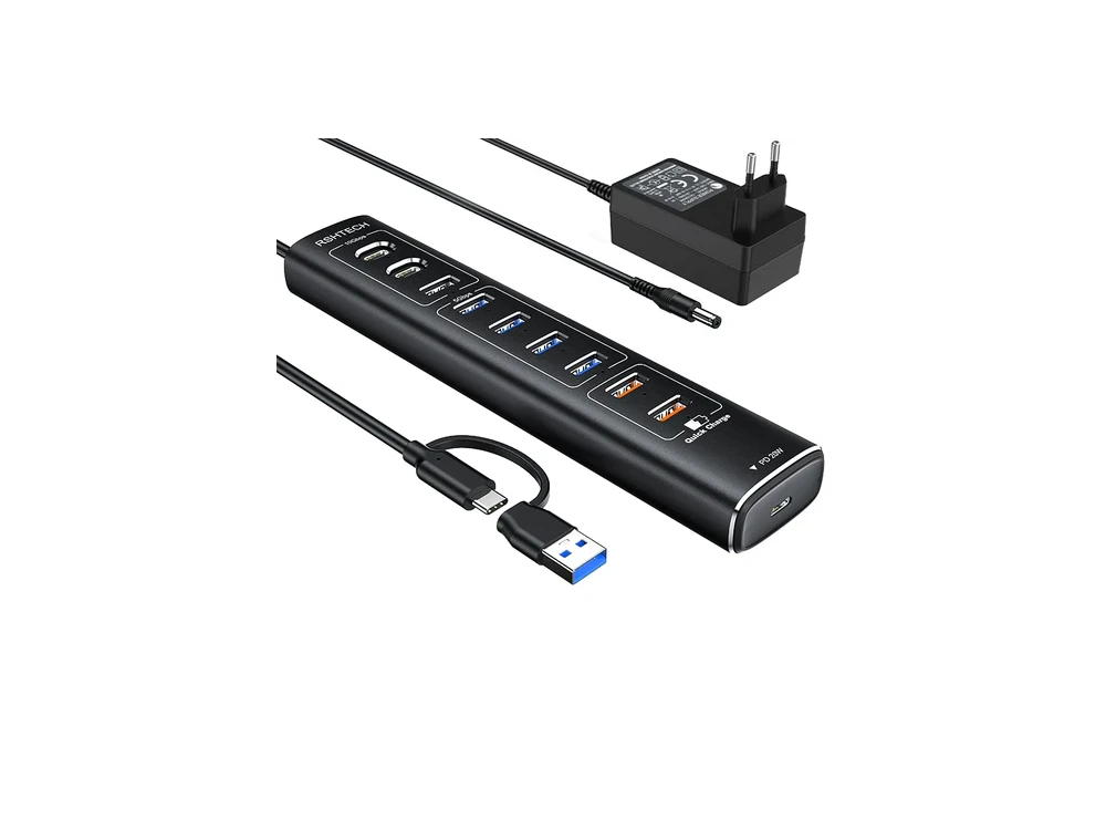 Nordic 10-Port Data Hub & Charger with USB-C3.2 *2 + USBA3.2 + USB-A3.0*4 + USB-A*2 +USB-C PD, with Individual Switch & Power Adapter