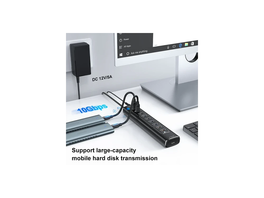 Nordic 10-Port Data Hub & Charger with USB-C3.2 *2 + USBA3.2 + USB-A3.0*4 + USB-A*2 +USB-C PD, with Individual Switch & Power Adapter