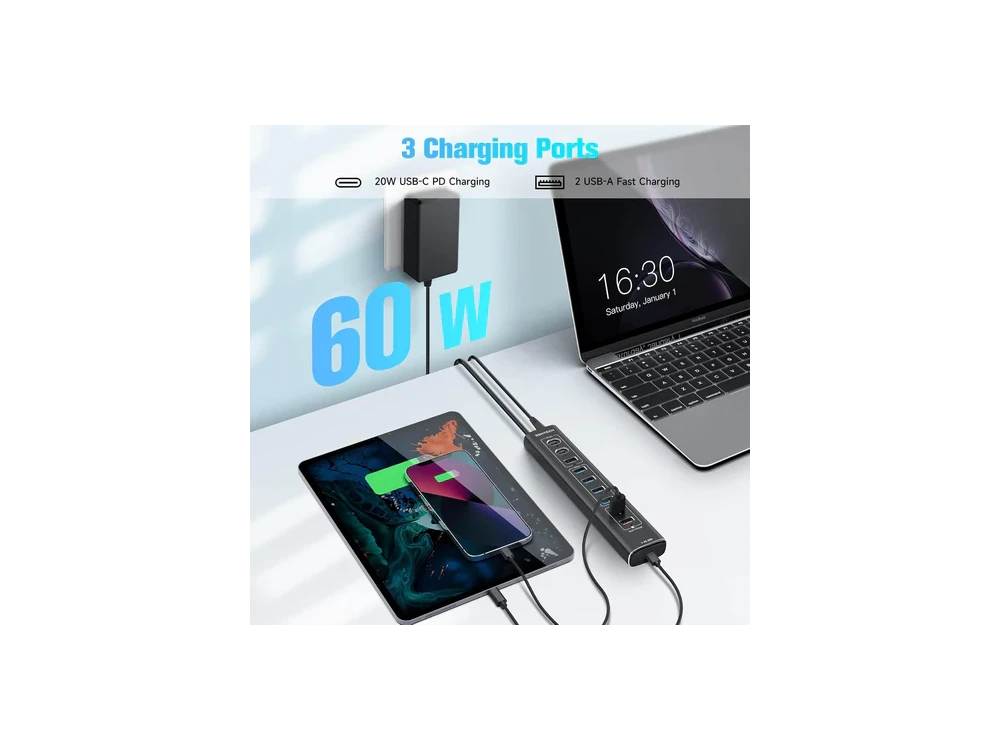 Nordic 10-Port Data Hub & Charger with USB-C3.2 *2 + USBA3.2 + USB-A3.0*4 + USB-A*2 +USB-C PD, with Individual Switch & Power Adapter