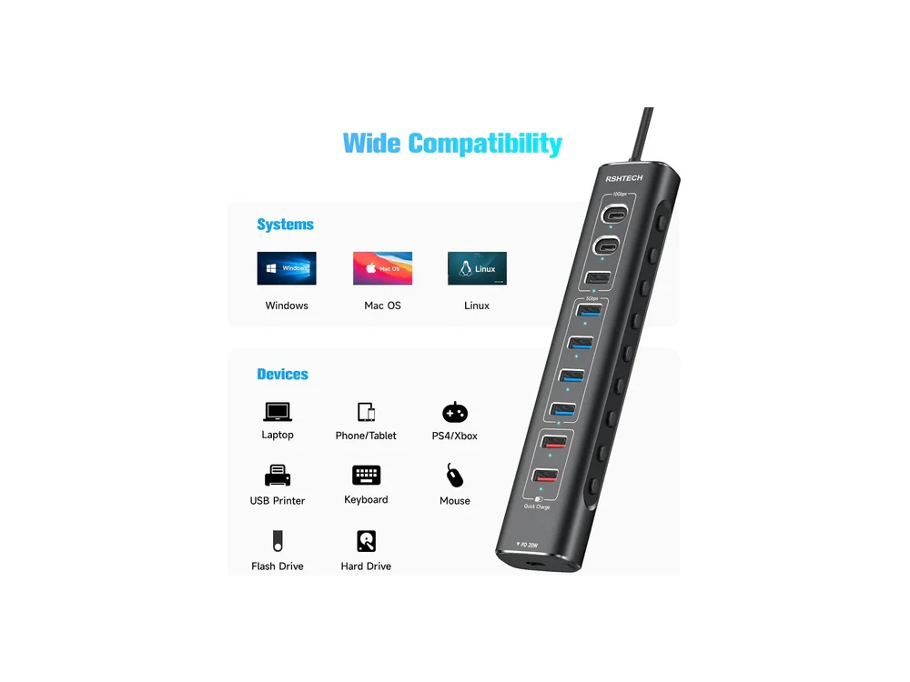 Nordic 10-Port Data Hub & Charger with USB-C3.2 *2 + USBA3.2 + USB-A3.0*4 + USB-A*2 +USB-C PD, with Individual Switch & Power Adapter