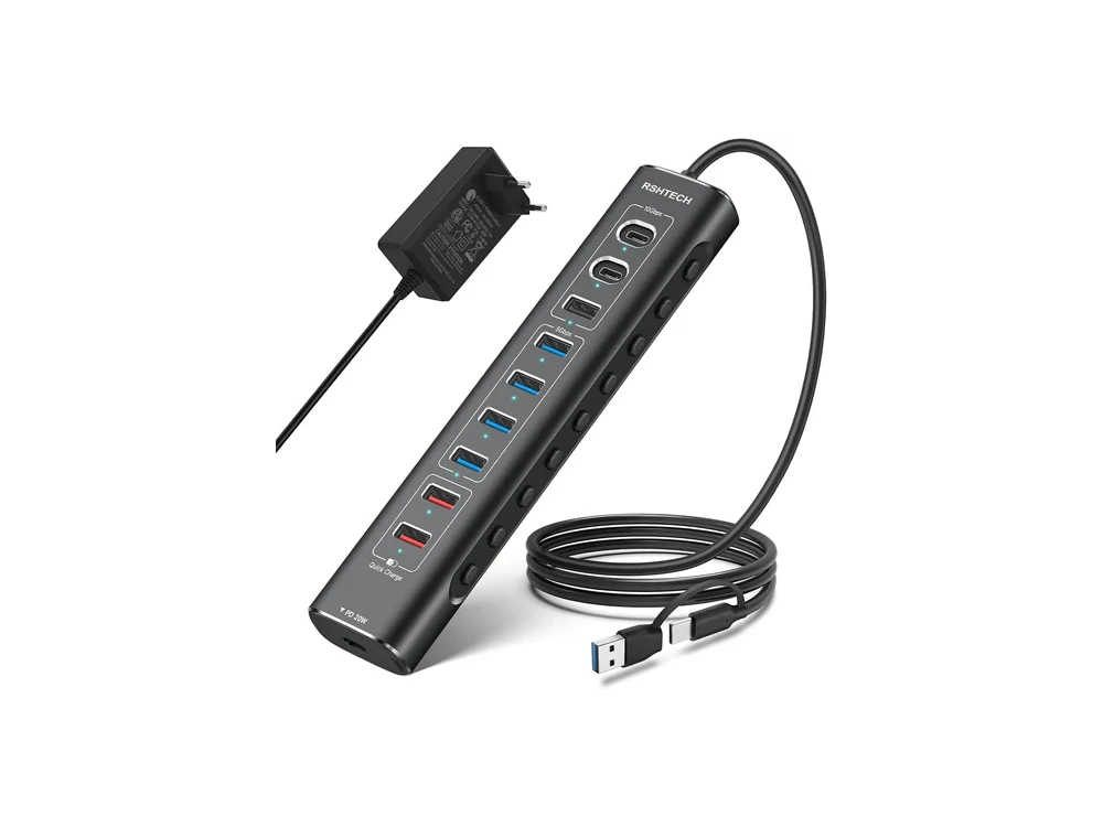 Nordic 10-Port Data Hub & Charger with USB-C3.2 *2 + USBA3.2 + USB-A3.0*4 + USB-A*2 +USB-C PD, with Individual Switch & Power Adapter