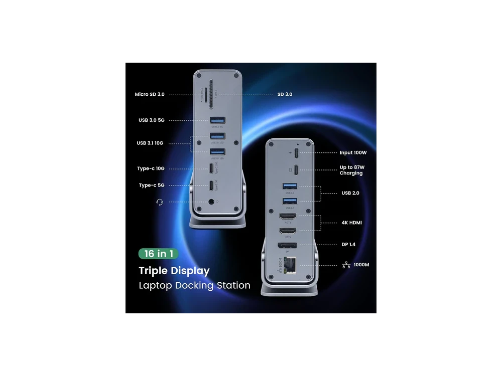 Nordic 15-in-1 USB-C Hub, Triple Display Docking Station, 4K@60Hz HDMI, USB-A & C 10Gbps, LAN 1Gbps, Card Reader & PD 100W