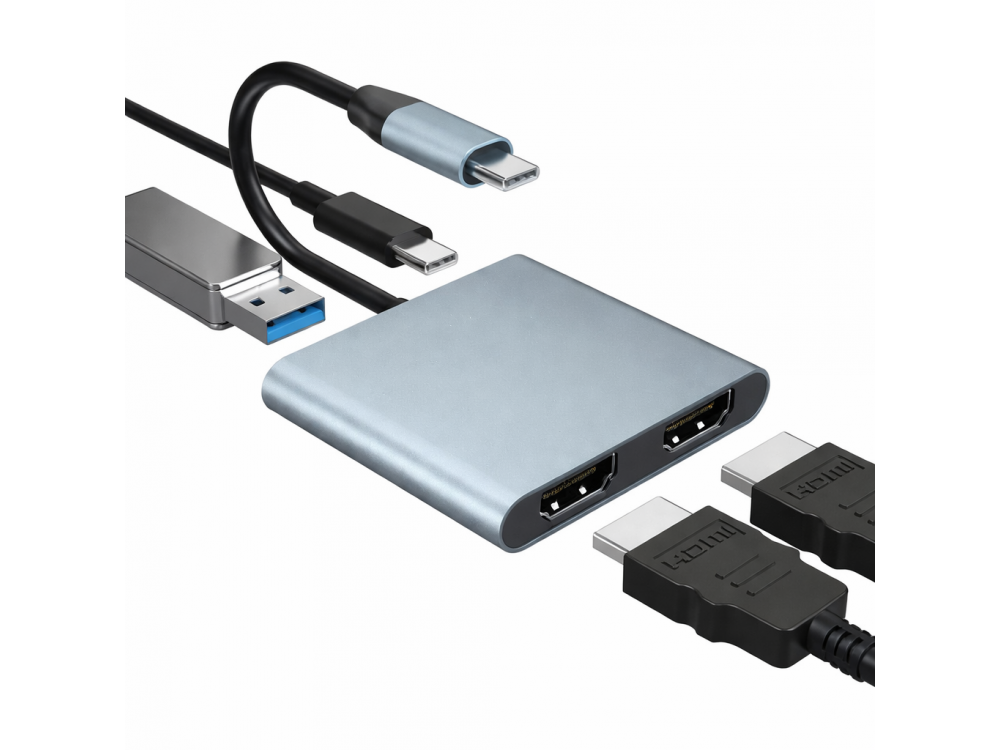 Nordic 4-in-1 Type-C Hub HDMI/4K*2 + USB-A3.1 5Gbps*1 + 60W PD Charging USB-C